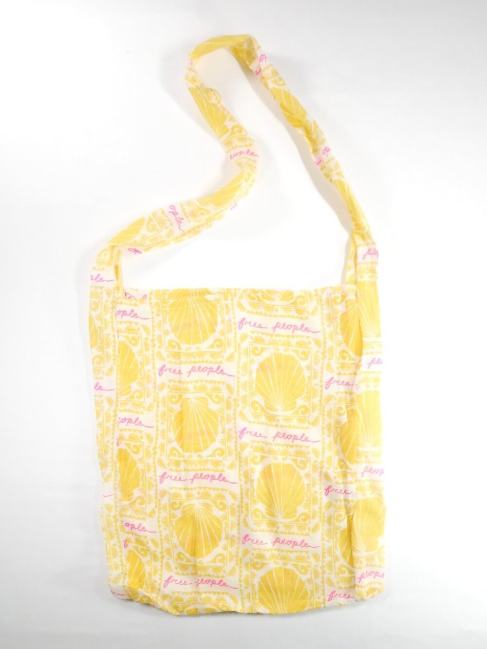 Free People Reusable Shopping Tote Bag Yellow Pink Lightweight Linen Boho Beach